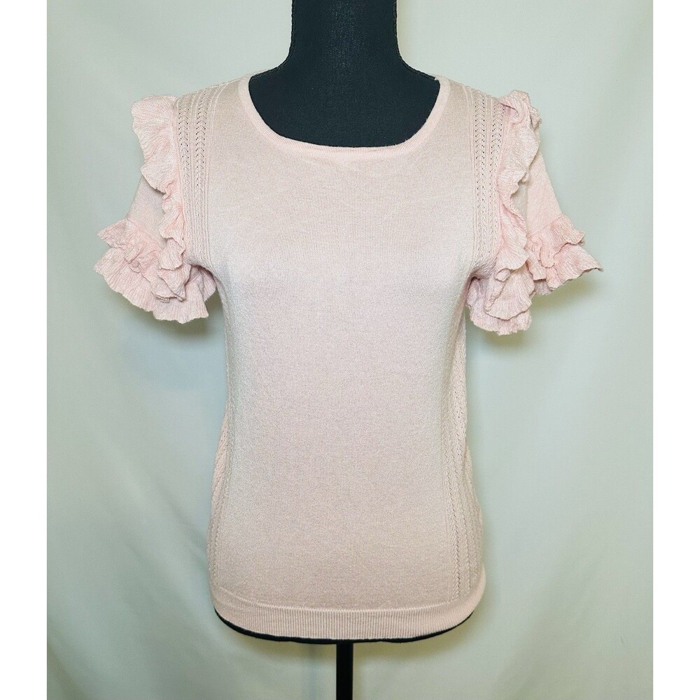 Mimi + Daphne Pink Short Sleeve Ruffled Sweater Top Thin Semi Sheer Women's‎ M